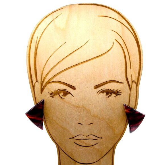 Rusty Brown Acrylic Earrings, Mod Curved Vintage Triangle Clip Ons - Picture 4 of 6